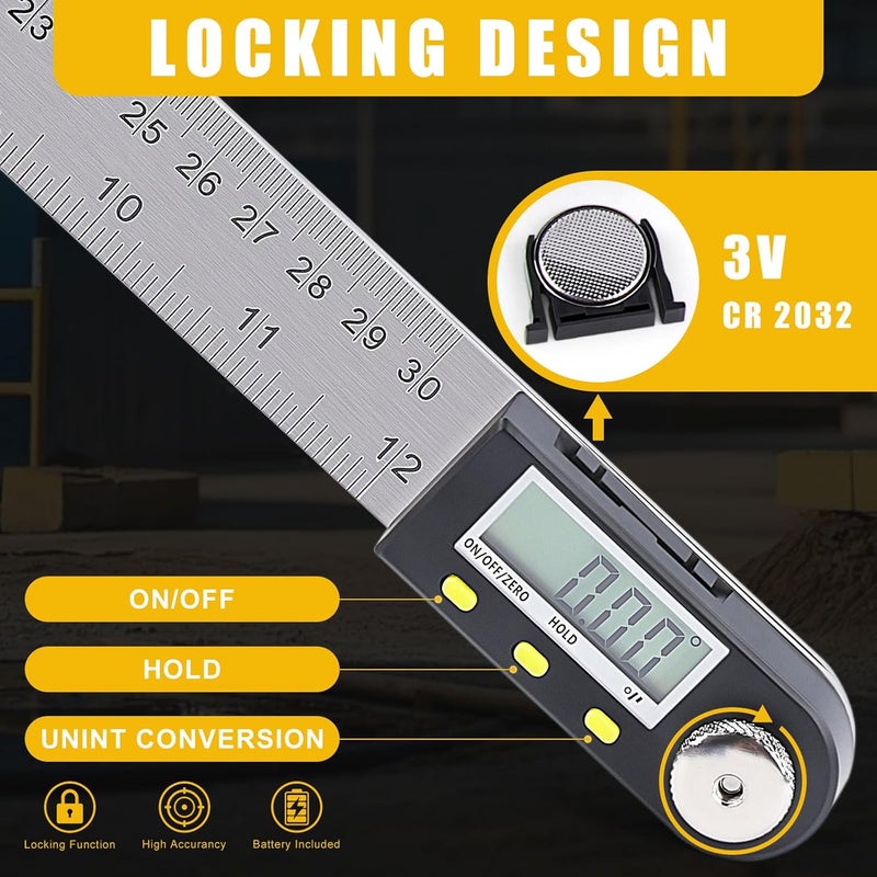 Delgada 12 inch/300mm Digital Angle Finder Tool Stainless Steel Digital Protractor Angle Ruler Finder Tool for Woodworking with Zeroing and Locking Function Battery - Image 2