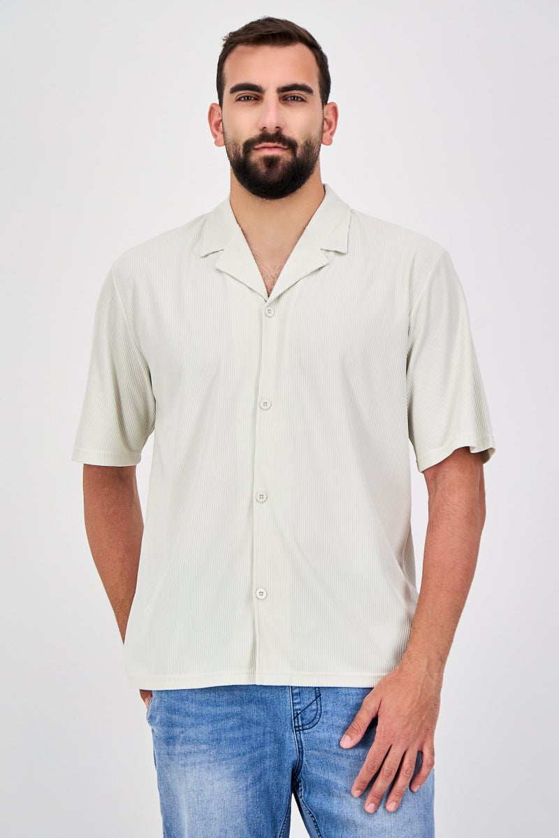 Core Elements Men Regular Fit Textured Short Sleeve Casual Shirt, Cream - Image 1