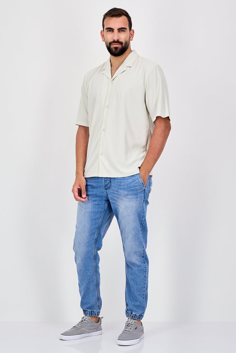 Core Elements Men Regular Fit Textured Short Sleeve Casual Shirt, Cream - Image 4