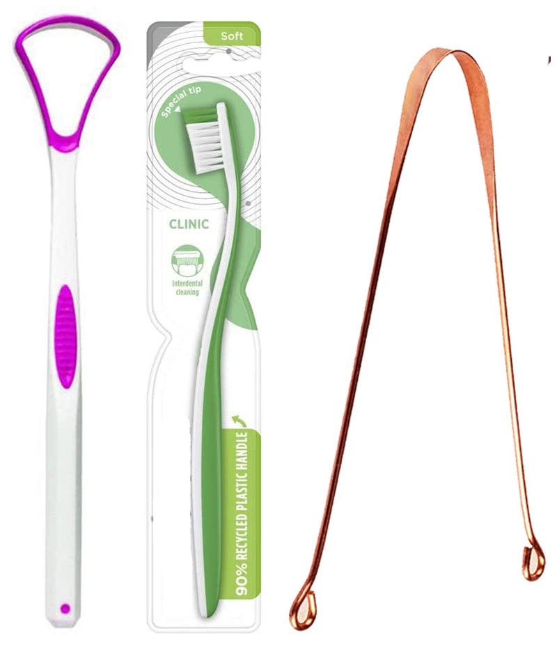 Calitate24 Tongue Scraper Brush, Tongue Cleaner Brush Scraper Bad Breath, Oral Care Tongue Coating Cleaner Scrubber Tongue Tools with Copper Tongue Cleaner & Toothbrush - Image 1
