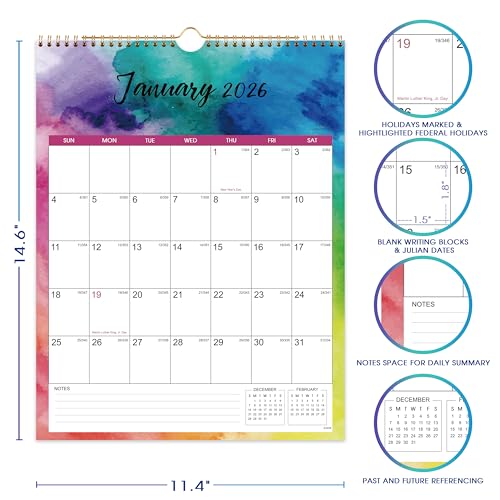 Artfan 2026 Calendar/Wall Calendar - JAN 2026 - DEC 2026, 18 Monthly Calendar 2026 with Thick Paper, 12" x 15", Twin-Wire Binding + Hanging Hook + Large Blocks, Wall Calendar with Julian Dates - Watercolor Ink - Image 4