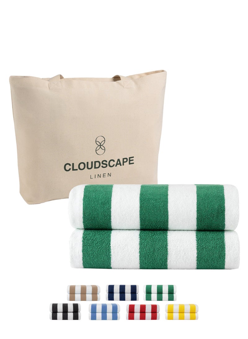 Cloud Scape Linen Cabana Stripe Beach Towel Set Pack of 2, Oversized Soft Cotton Towel, Perfect for Beach ,30x60, Green  - Image 1