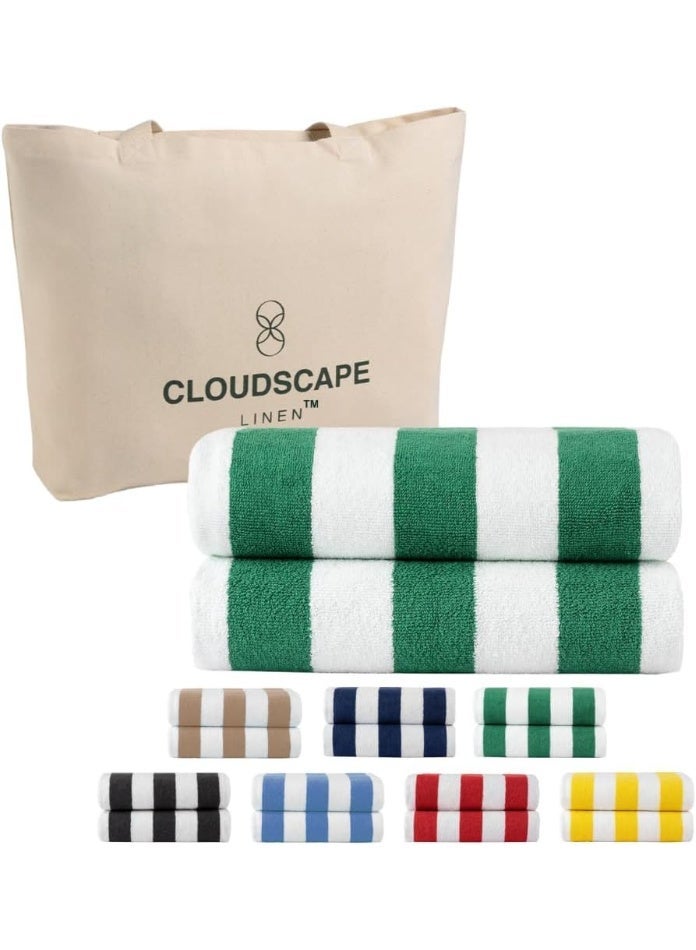 Cloud Scape Linen Cabana Stripe Beach Towel Set Pack of 2, Oversized Soft Cotton Towel, Perfect for Beach ,30x60, Green - Image 1