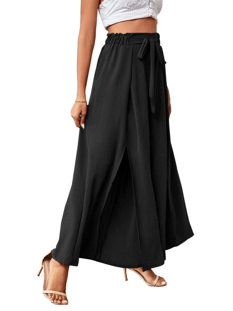 LYANER Women's Tie Front High Waist Side Split Slit Flowy Wide Leg Pleated Pant with Belt Solid Black Medium - Image 3