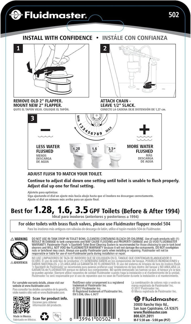 Fluidmaster 502P21 PerforMAX Universal Water-Saving Toilet Flapper for 2-Inch Flush Valves - Adjustable Solid Frame Design, Easy Installation, Red - Image 5