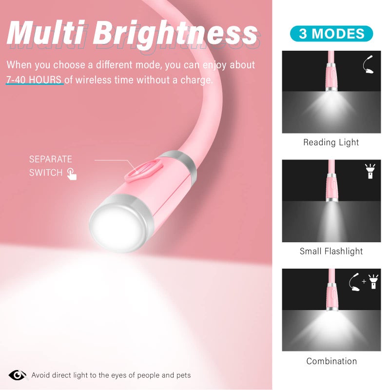 Vekkia Rechargeable LED Neck Reading Light, Book Lights for Reading in Bed, 3 Brightness Levels, Flexible Soft Silicone Arms Comfortable Wear, Long Lasting, Perfect for Craft & Knitting, Pink - Image 3