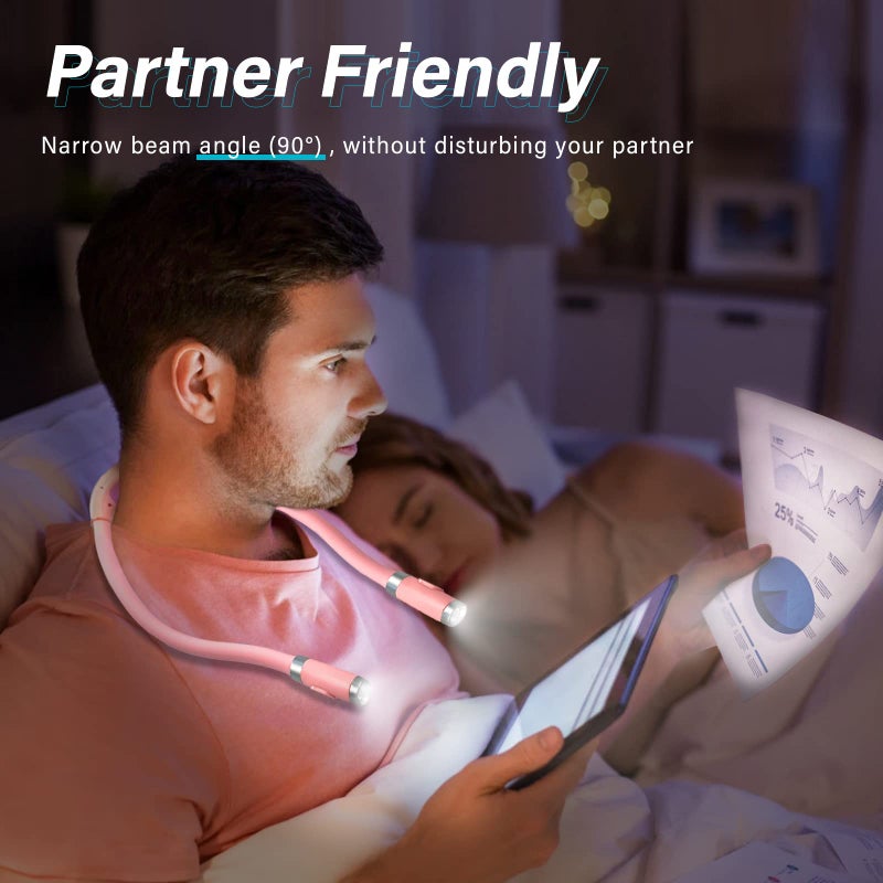 Vekkia Rechargeable LED Neck Reading Light, Book Lights for Reading in Bed, 3 Brightness Levels, Flexible Soft Silicone Arms Comfortable Wear, Long Lasting, Perfect for Craft & Knitting, Pink - Image 2