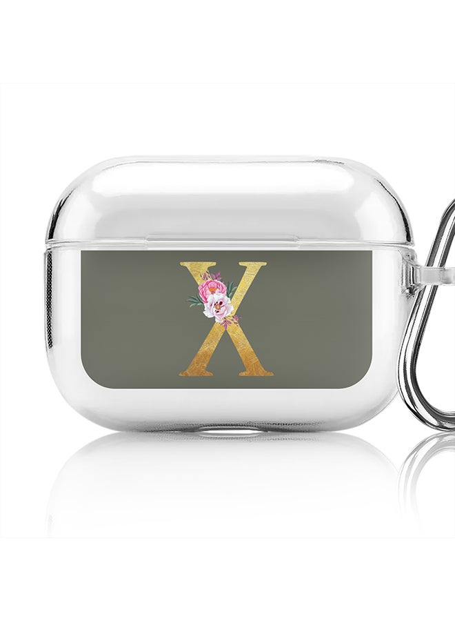 Classic Clear printed Case for Apple AirPods Pro 2nd Generation Thin Transparent Cover - Custom Monogram Initial Letter Floral Pattern Alphabet - X (Olive Green )
