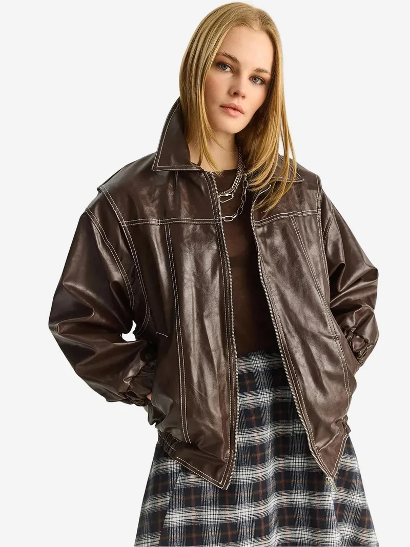 Bianco Lucci Mocha Brown LUCCI Oversized Faux Leather Jacket with Zipper Closure for Women | Best Price UAE