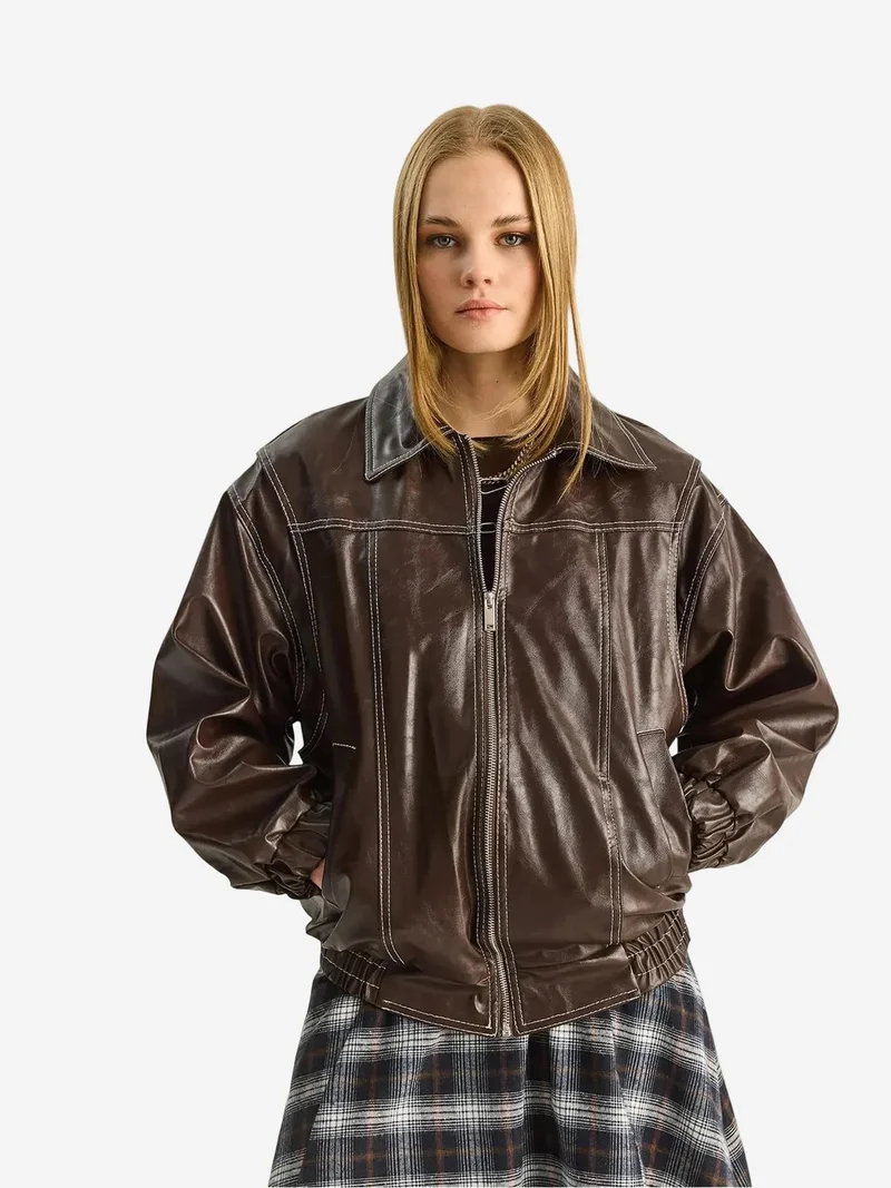 Bianco Lucci Mocha Brown LUCCI Oversized Faux Leather Jacket with Zipper Closure for Women | Best Price UAE