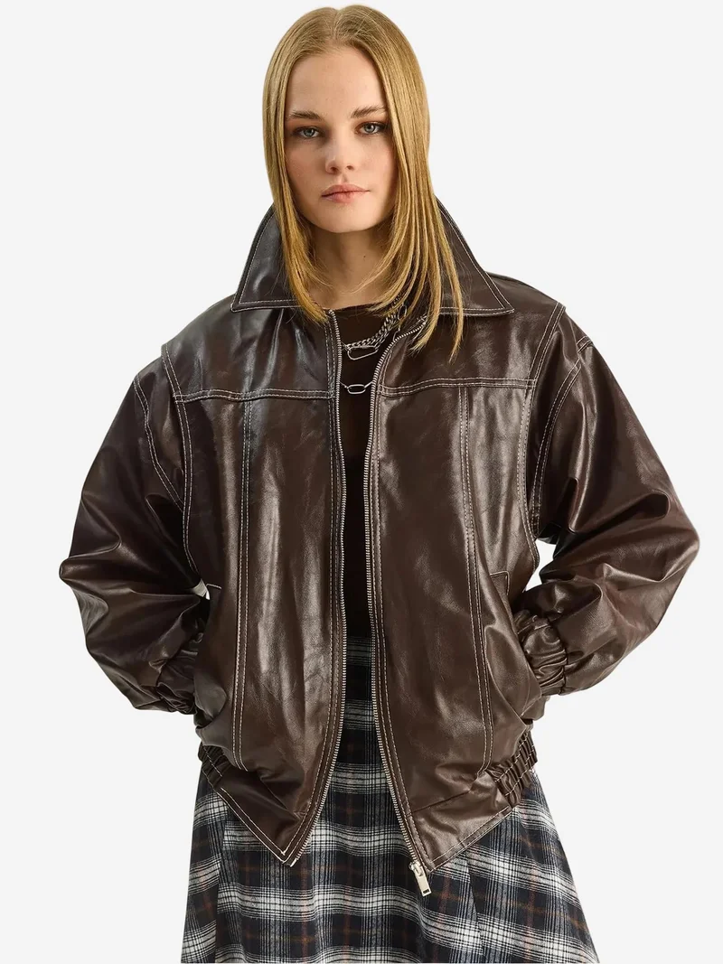 Bianco Lucci Mocha Brown LUCCI Oversized Faux Leather Jacket with Zipper Closure for Women | Best Price UAE