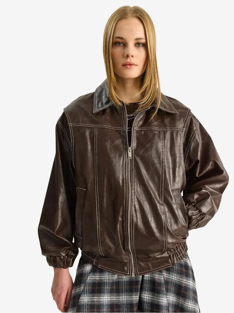 Bianco Lucci Mocha Brown LUCCI Oversized Faux Leather Jacket with Zipper Closure for Women | Best Price UAE