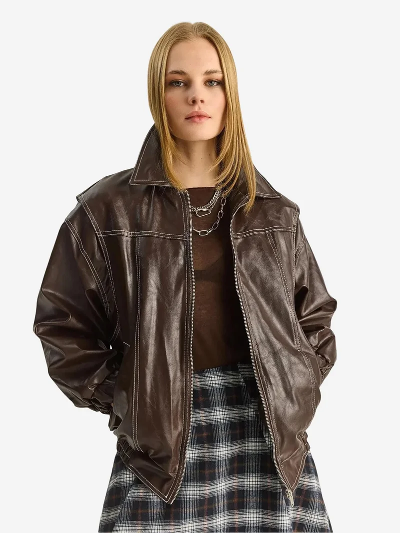 Bianco Lucci Mocha Brown LUCCI Oversized Faux Leather Jacket with Zipper Closure for Women | Best Price UAE