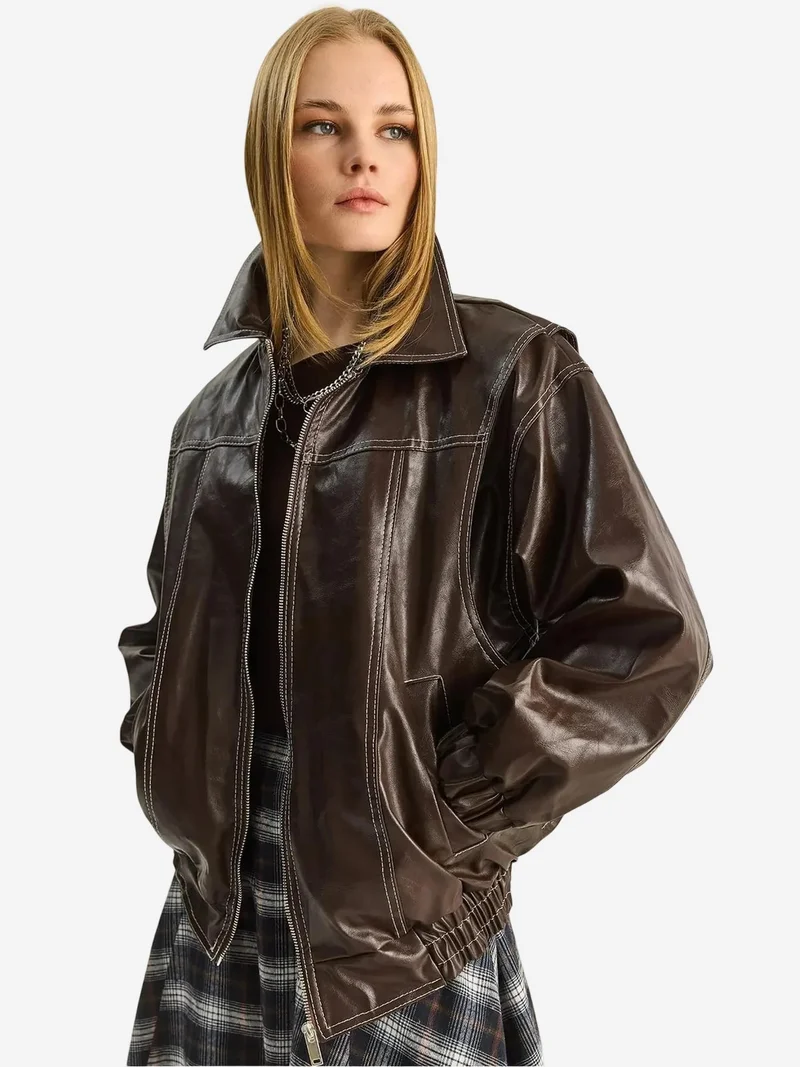 LUCCI Oversized Faux Leather Jacket with Zipper Closure