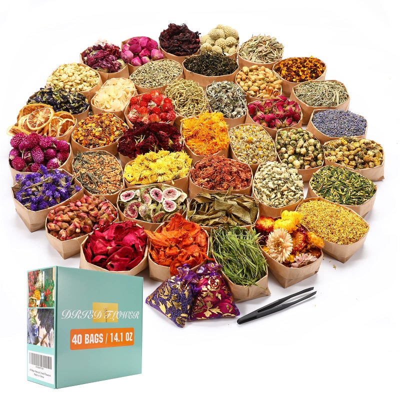 SACATR 40 Bags Natural Dried Flowers Kit, Natural Dried Herbs with 2 Mesh Drawstring Bag for Soap,Candle,Resin Jewelry Making,Bath,Nail - Rose Petals,Rosebuds,Lilium,Jasmine,Don't Forget Me and More - Image 1