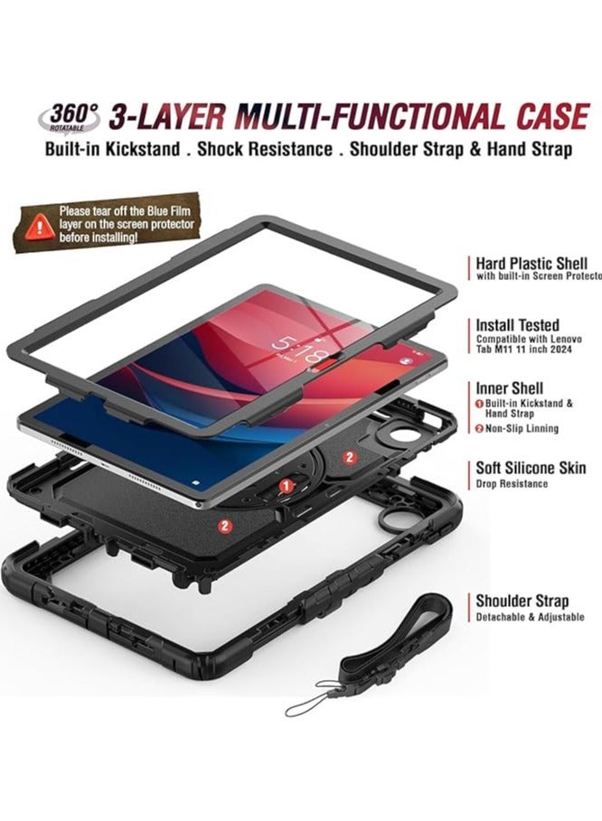 erorex Case for Lenovo Tab M11 2024 11 Inch with Screen Protector Pen Holder Model TB-330FU/TB331FC Lenovo Xiaoxin Pad | Heavy Duty Rugged Cover W/Stand Hand Shoulder Strap | Black - Image 2