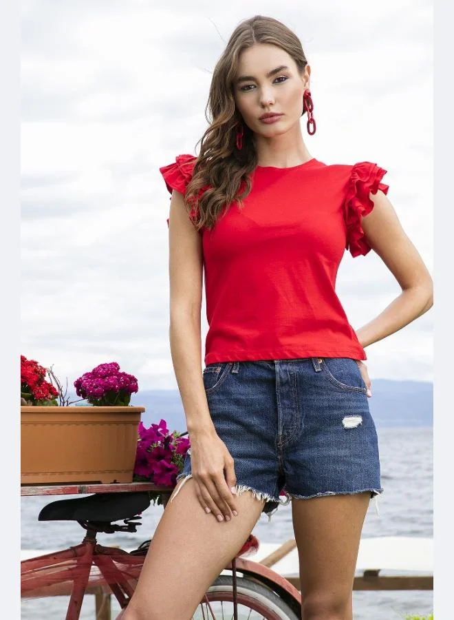 Lela Lela Cotton Slim Fit Crew Neck T-Shirt with Ruffled Sleeves Women's T-Shirt 5864500