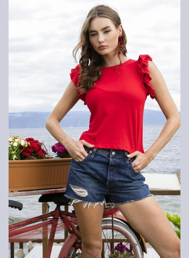 Lela Lela Cotton Slim Fit Crew Neck T-Shirt with Ruffled Sleeves Women's T-Shirt 5864500