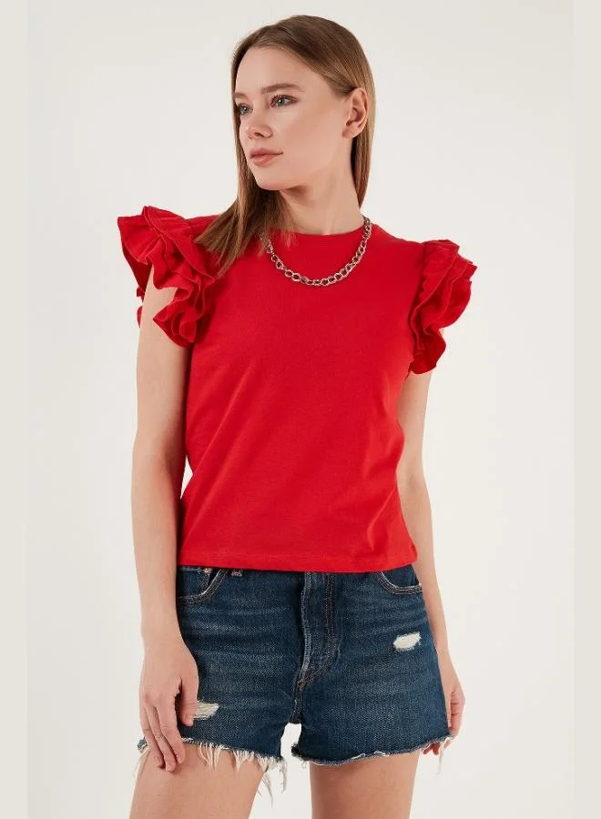 ليلا تيشيرت نسائي قطن ليلى بقصة ضيقة وياقة دائرية وأكمام مكشكشة