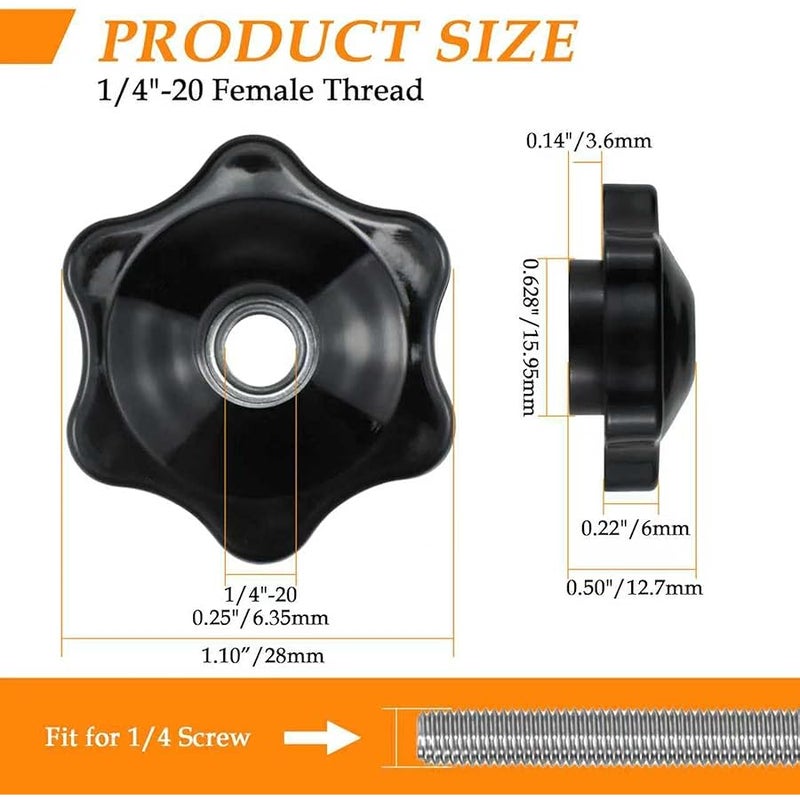 Aifeier ET 4pcs 1/4-20 Knob Black Nylon Screw-in Knob Nut 6 Star Hand Tightening Clamp Knob - Image 2