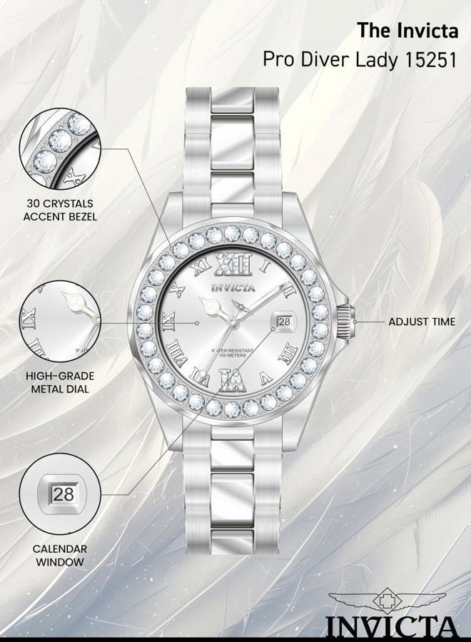 Invicta Women's 15251 Pro Diver Silver Dial Crystal Accented Stainless Steel Watch - Image 5