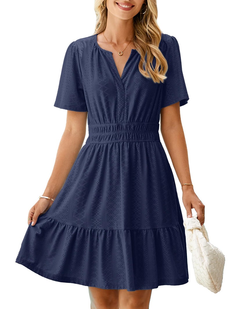 Simplee Womens 2025 Summer Mini Dress Eyelet Short Sleeve Cocktail Short Dresses Cute A Line Sun Dress with PocketsNavy L