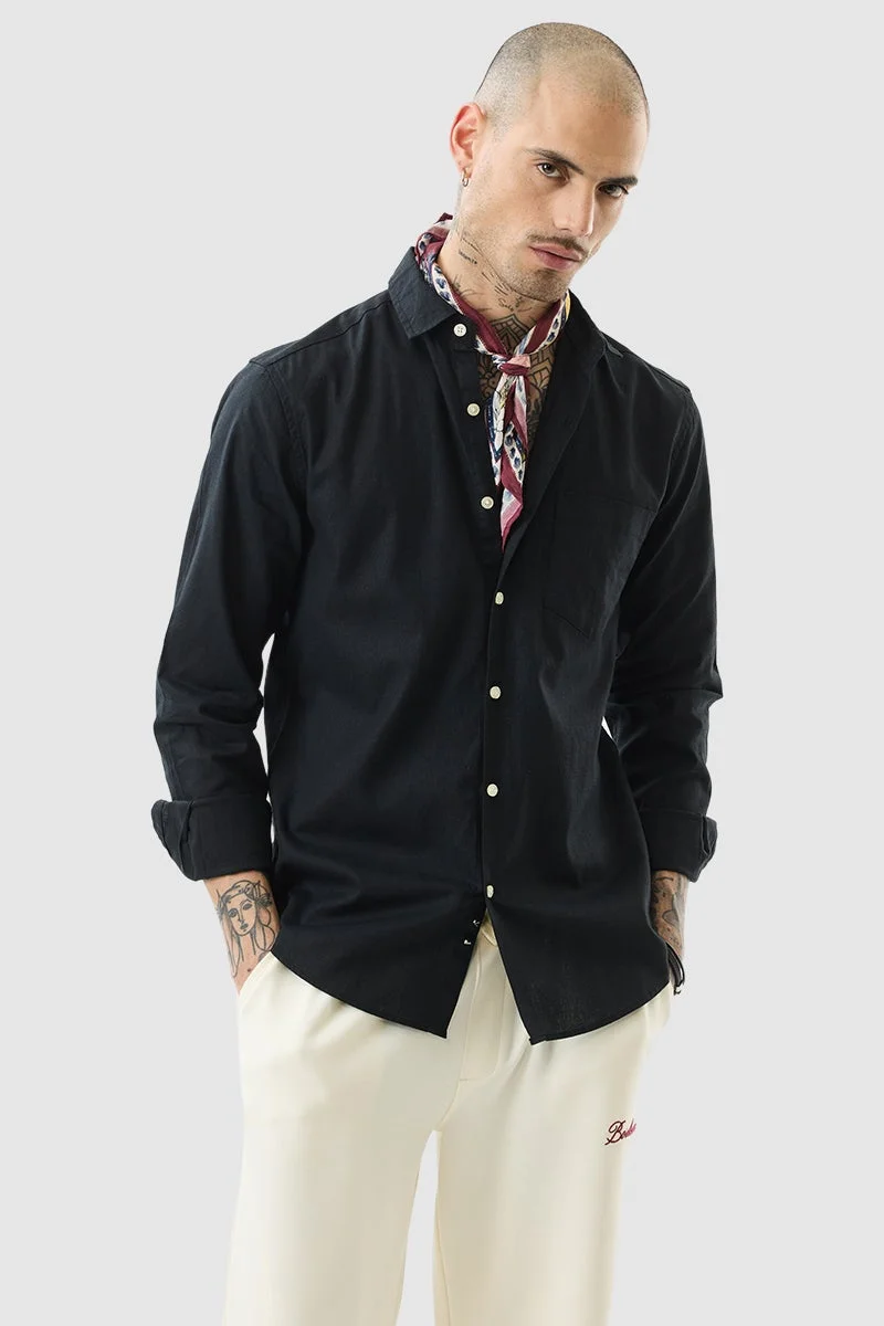 SNITCH Black Slim Fit Linen Blend Shirt