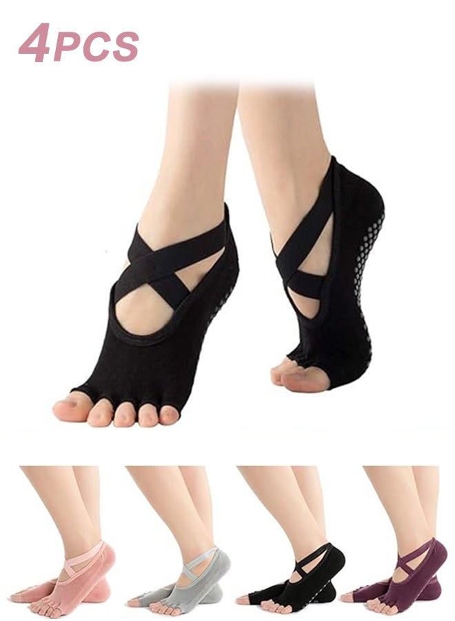 Sweet Life 4 Pairs Non Slip Pilates Socks,Yoga Socks for Women, Women's Yoga Socks with Toes, Clasped Pilates Socks for Ballet Pilates Barre Dance - Image 1