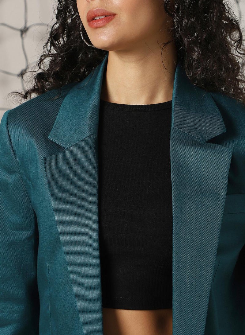 Hubberholme Women's Deep Teal Cotton Blend Solid Oversized Blazer - Image 4