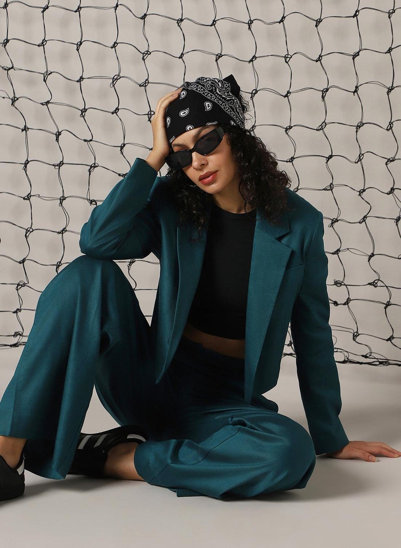 Hubberholme Women's Deep Teal Cotton Blend Solid Oversized Blazer - Image 1