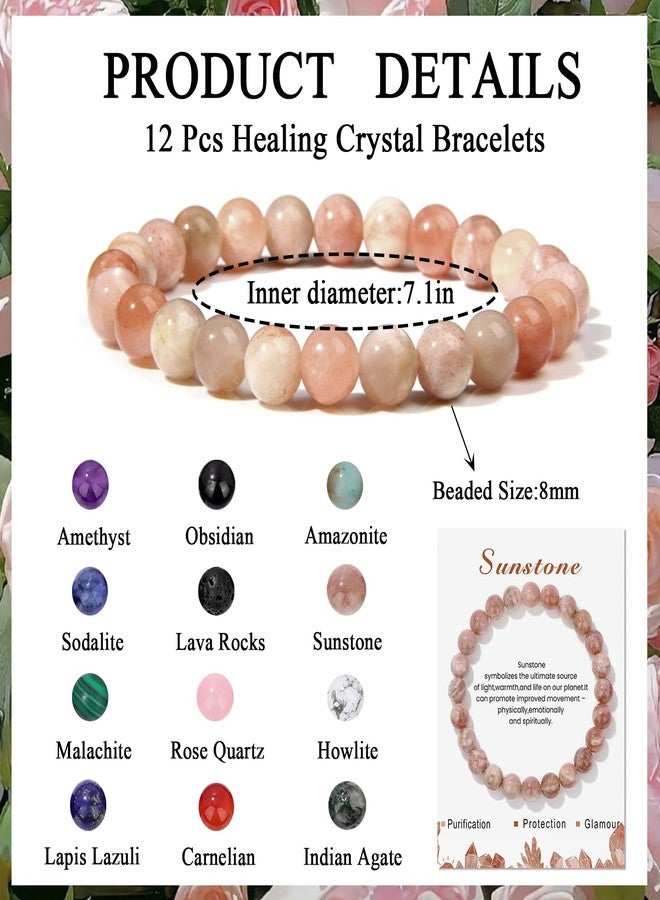 WAINIS 12PCS 8mm Natural Crystal Bracelets for Women Men Semi-Precious Gemstone Beaded Bracelets Round Beads Gemstones Stretch Yoga Bracelet Jewelry Gift - Image 3