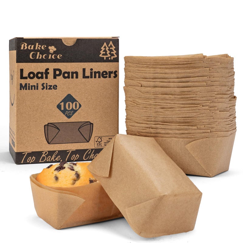 Bake Choice 100 Pcs Mini Loaf Pan Liners Compatible with Wilton Mini Loaf Pan, Natural Parchment Paper Cupcake Liners, Petite Loaf Baking Cups for Cupcake, Muffin, Brownies, 3.15 * 1.97 * 1.57inch - Image 1