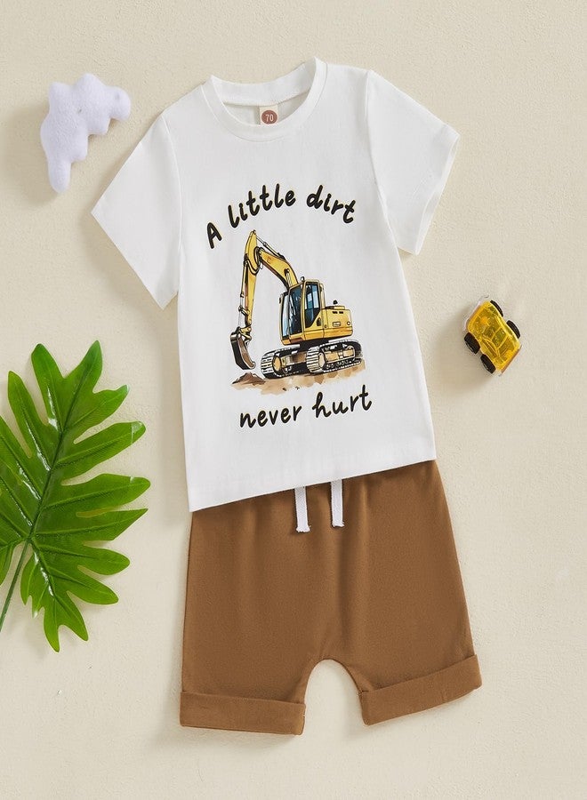 SAYOO Toddler Baby Boy Summer Tractor Clothes A Little Dirt Letter Short Sleeve Shirt Top Jogger Shorts 2Pcs Farm Outfit (Khaki, 12-18 Months) - Image 2