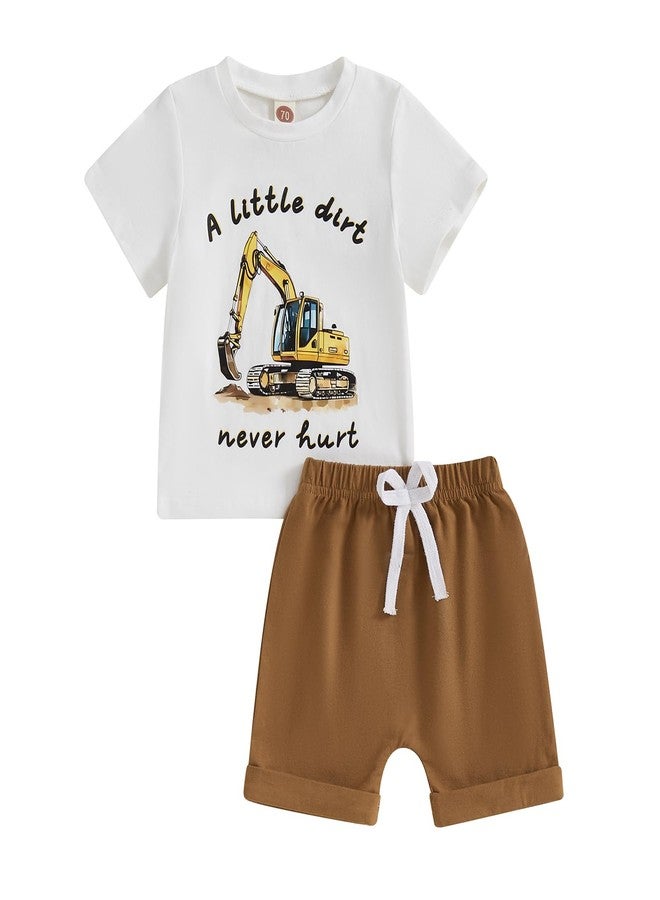 SAYOO Toddler Baby Boy Summer Tractor Clothes A Little Dirt Letter Short Sleeve Shirt Top Jogger Shorts 2Pcs Farm Outfit (Khaki, 12-18 Months) - Image 1