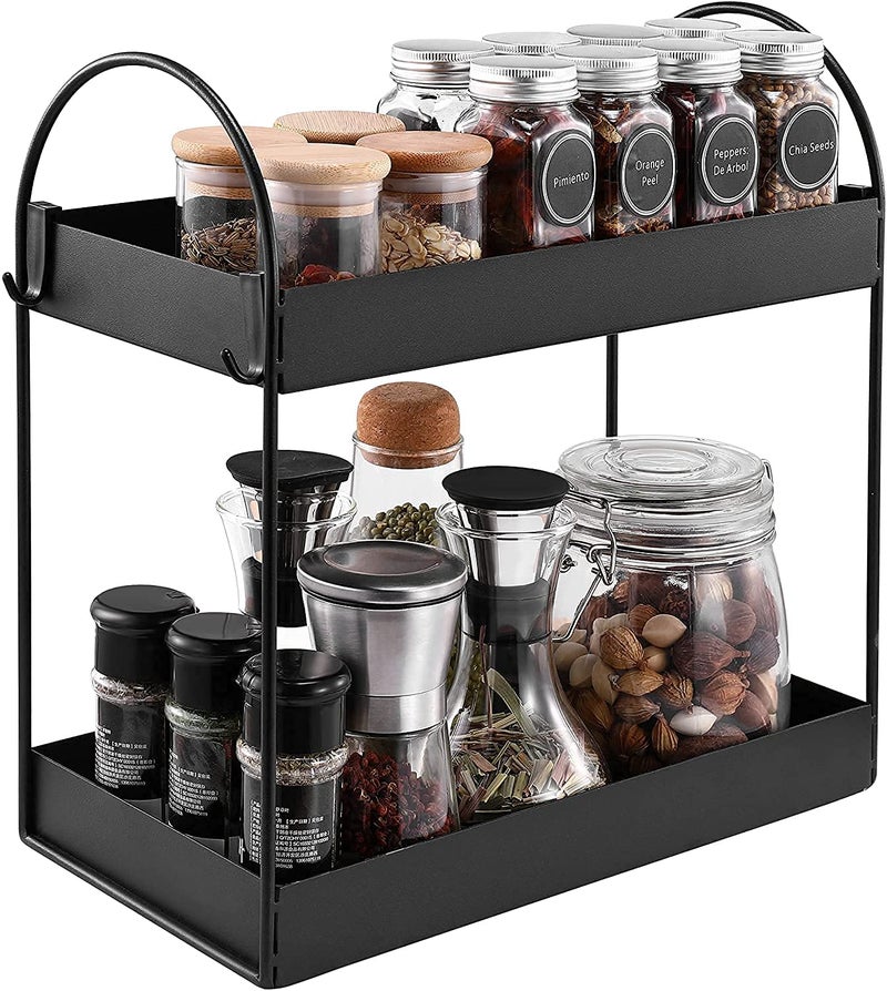 Go Hooked 2-Tier Standing Rack | Bathroom Countertop Organizer | Vanity Tray | Cosmetic- Makeup Storage | Kitchen Spice Rack | Corner Shelf (Black, Metal, Pack of 1) - Image 5