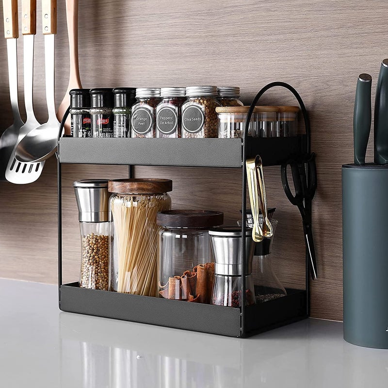 Go Hooked 2-Tier Standing Rack | Bathroom Countertop Organizer | Vanity Tray | Cosmetic- Makeup Storage | Kitchen Spice Rack | Corner Shelf (Black, Metal, Pack of 1) - Image 1