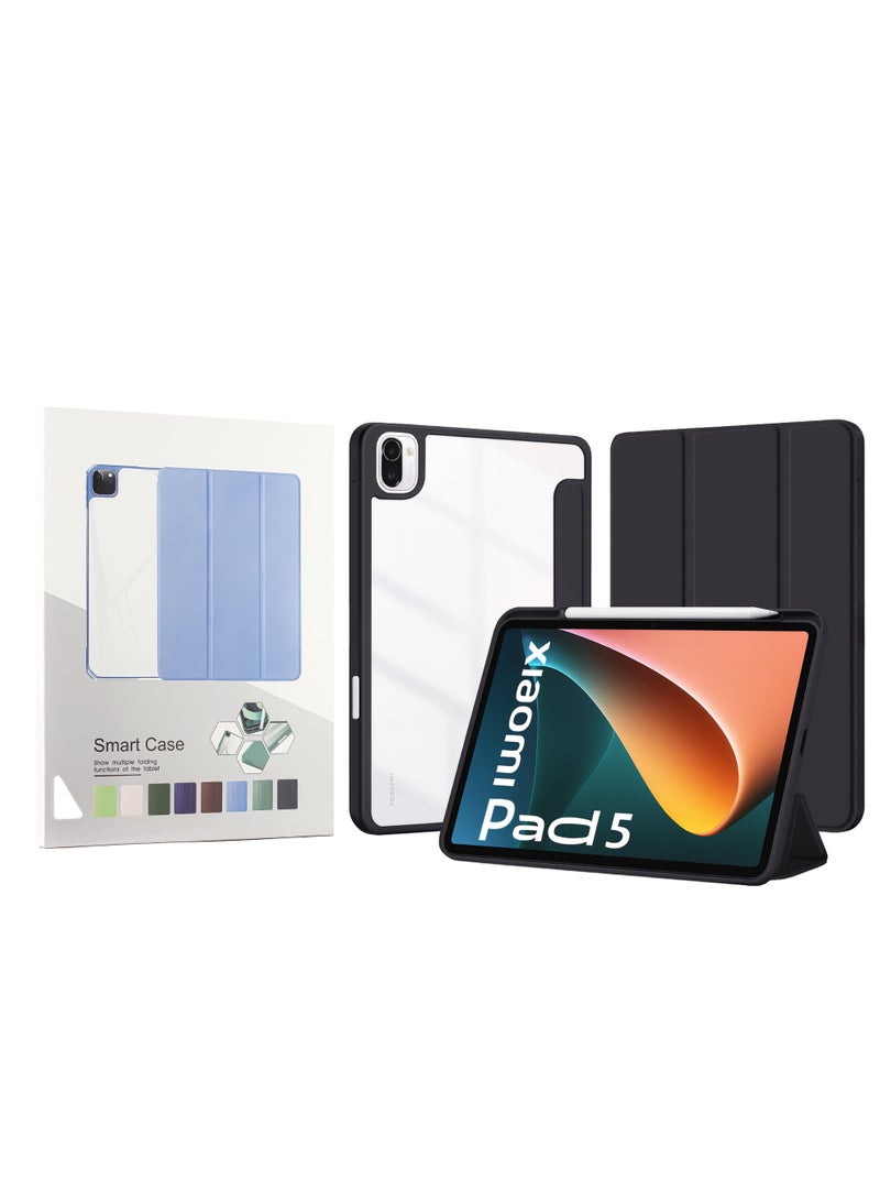 جراب لجهاز Xiaomi Pad 5 / Xiaomi Mi Pad 5 Pro مقاس 11 بوصة مع حامل قلم، جراب ذكي مقاوم للصدمات مع غطاء خلفي شفاف واقٍ متوافق مع الجيل العاشر (أسود)