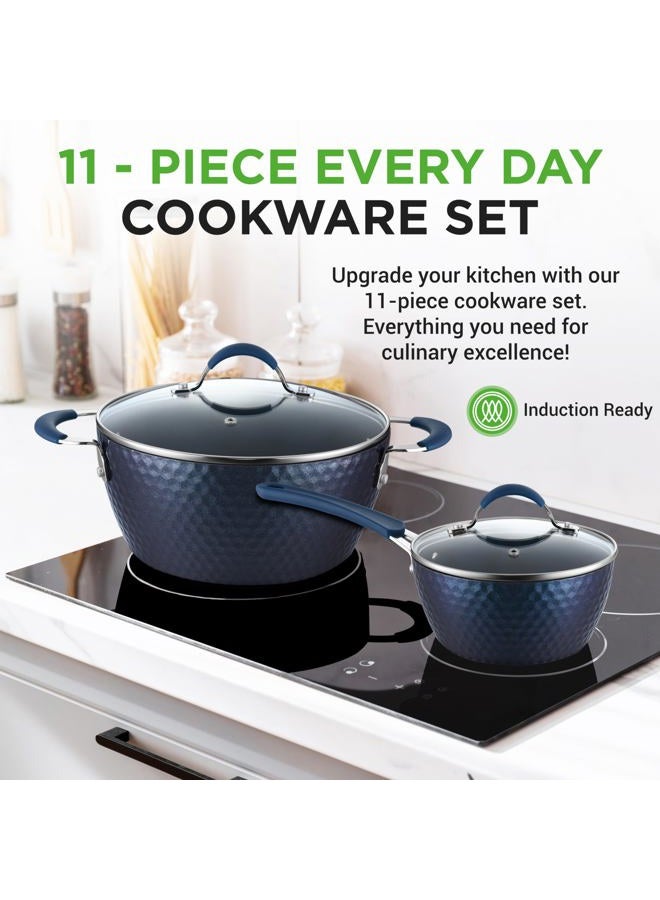 NutriChef 11 Piece Nonstick Ceramic Cookware Excilon Home Kitchen Ware Pots & Pan Set with Saucepan Frying Pans, Cooking Pots, Lids, Utensil PTFE/PFOA/PFOS Free, Blue Diamond Pcs - Image 2