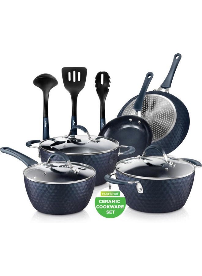 NutriChef 11 Piece Nonstick Ceramic Cookware Excilon Home Kitchen Ware Pots & Pan Set with Saucepan Frying Pans, Cooking Pots, Lids, Utensil PTFE/PFOA/PFOS Free, Blue Diamond Pcs - Image 1