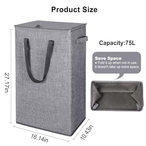 Odonata 75L Slim Laundry Hamper with Lid,Large Foldable Laundry Basket with Removable Bag and Handles Tall Collapsible Dirty Clothes Basket Great for Bedroom, Bathroom, Dorm, College,RV. (Grey, 75L) - Image 2