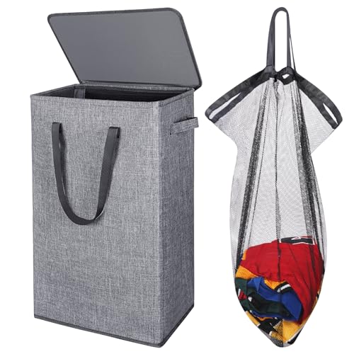 Odonata 75L Slim Laundry Hamper with Lid,Large Foldable Laundry Basket with Removable Bag and Handles Tall Collapsible Dirty Clothes Basket Great for Bedroom, Bathroom, Dorm, College,RV. (Grey, 75L) - Image 1