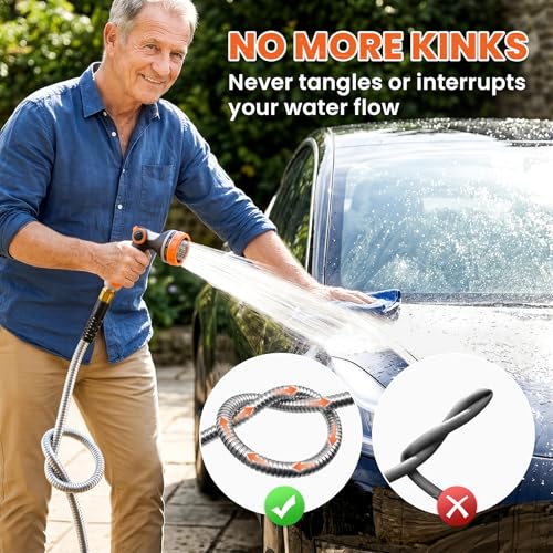 Cesun 100 ft Metal Garden Hose, Stainless Steel Heavy Duty Water Hose With 10 Function Nozzle, No Kink & Flexible, Lightweight and Durable, Rust Proof for Yard, RV, Pet Bath, Outdoor, 100 foot x 5/8" - Image 4