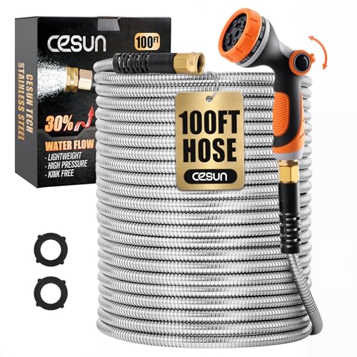 Cesun 100 ft Metal Garden Hose, Stainless Steel Heavy Duty Water Hose With 10 Function Nozzle, No Kink & Flexible, Lightweight and Durable, Rust Proof for Yard, RV, Pet Bath, Outdoor, 100 foot x 5/8" - Image 1
