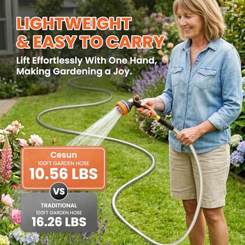 Cesun 100 ft Metal Garden Hose, Stainless Steel Heavy Duty Water Hose With 10 Function Nozzle, No Kink & Flexible, Lightweight and Durable, Rust Proof for Yard, RV, Pet Bath, Outdoor, 100 foot x 5/8" - Image 3