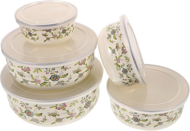 Cabilock 5pcs Enamel Bowls with Lids Mixing Bowls Vintage Soup Bowl Storage Bowls Set Floral Design for Fruit Salad Pasta Dinner Kitchen - Image 1