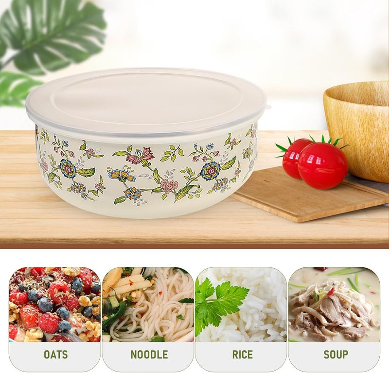 Cabilock 5pcs Enamel Bowls with Lids Mixing Bowls Vintage Soup Bowl Storage Bowls Set Floral Design for Fruit Salad Pasta Dinner Kitchen - Image 5