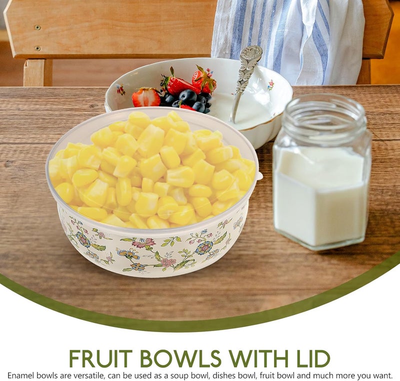 Cabilock 5pcs Enamel Bowls with Lids Mixing Bowls Vintage Soup Bowl Storage Bowls Set Floral Design for Fruit Salad Pasta Dinner Kitchen - Image 4