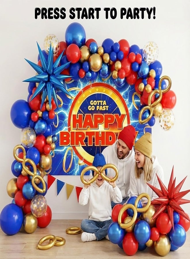 kozee Red Blue Gold Hedgehog Birthday Party Decorations with small balloon arches gotta go fast Letter Star foil balloons backdrop for video game Cartoon Movies Super hero themed birthday party decor - Image 4