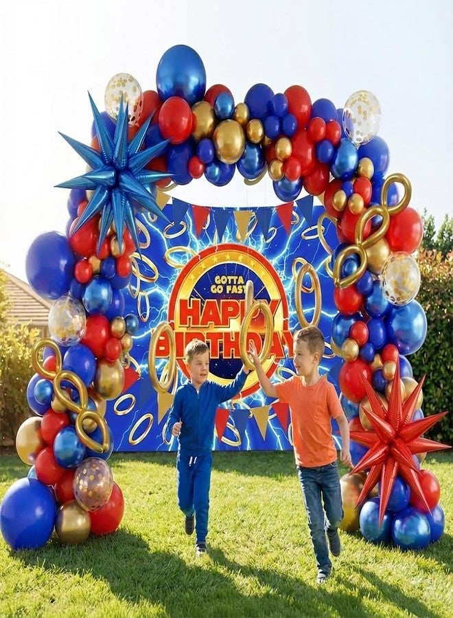 kozee Red Blue Gold Hedgehog Birthday Party Decorations with small balloon arches gotta go fast Letter Star foil balloons backdrop for video game Cartoon Movies Super hero themed birthday party decor - Image 3
