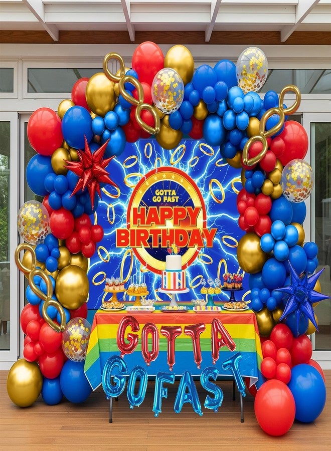 kozee Red Blue Gold Hedgehog Birthday Party Decorations with small balloon arches gotta go fast Letter Star foil balloons backdrop for video game Cartoon Movies Super hero themed birthday party decor - Image 1